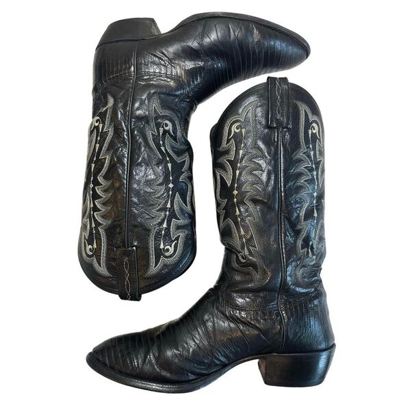 VTG Tony Lama Exotic Collection Western Boot Black Teju Lizard Leather Men SZ 9D - Picture 5 of 12